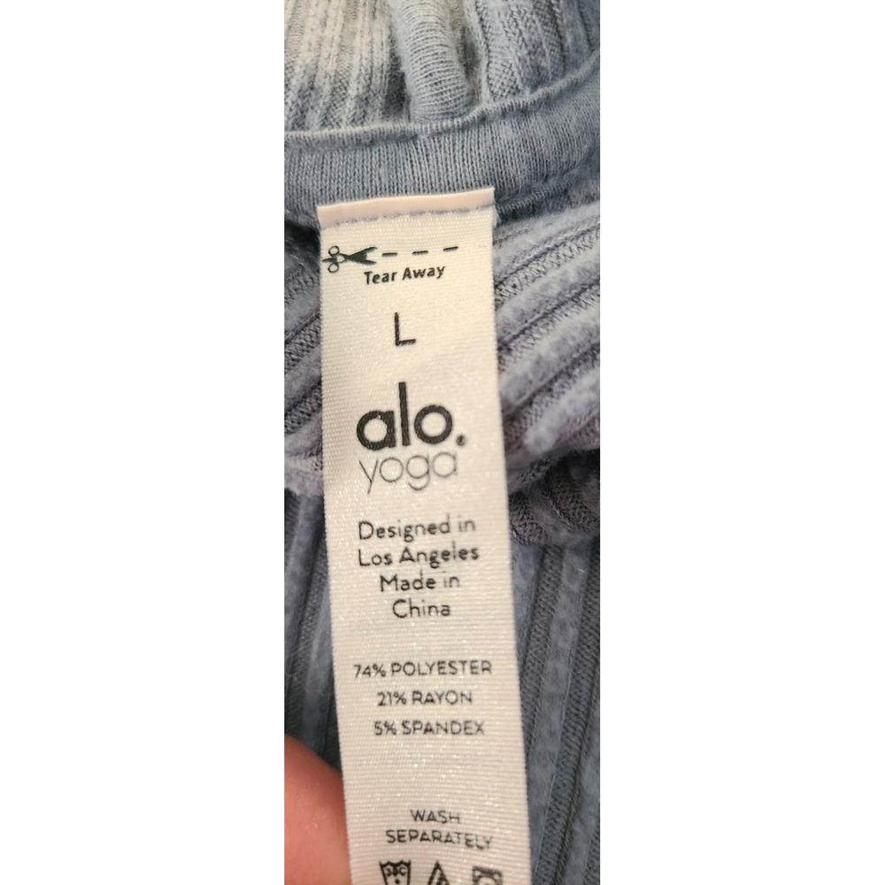 Alo Yoga Muse Hoodie Dusty Blue Ribbed Knit Cropped Pullover Sweatshirt Large - Picture 5 of 6